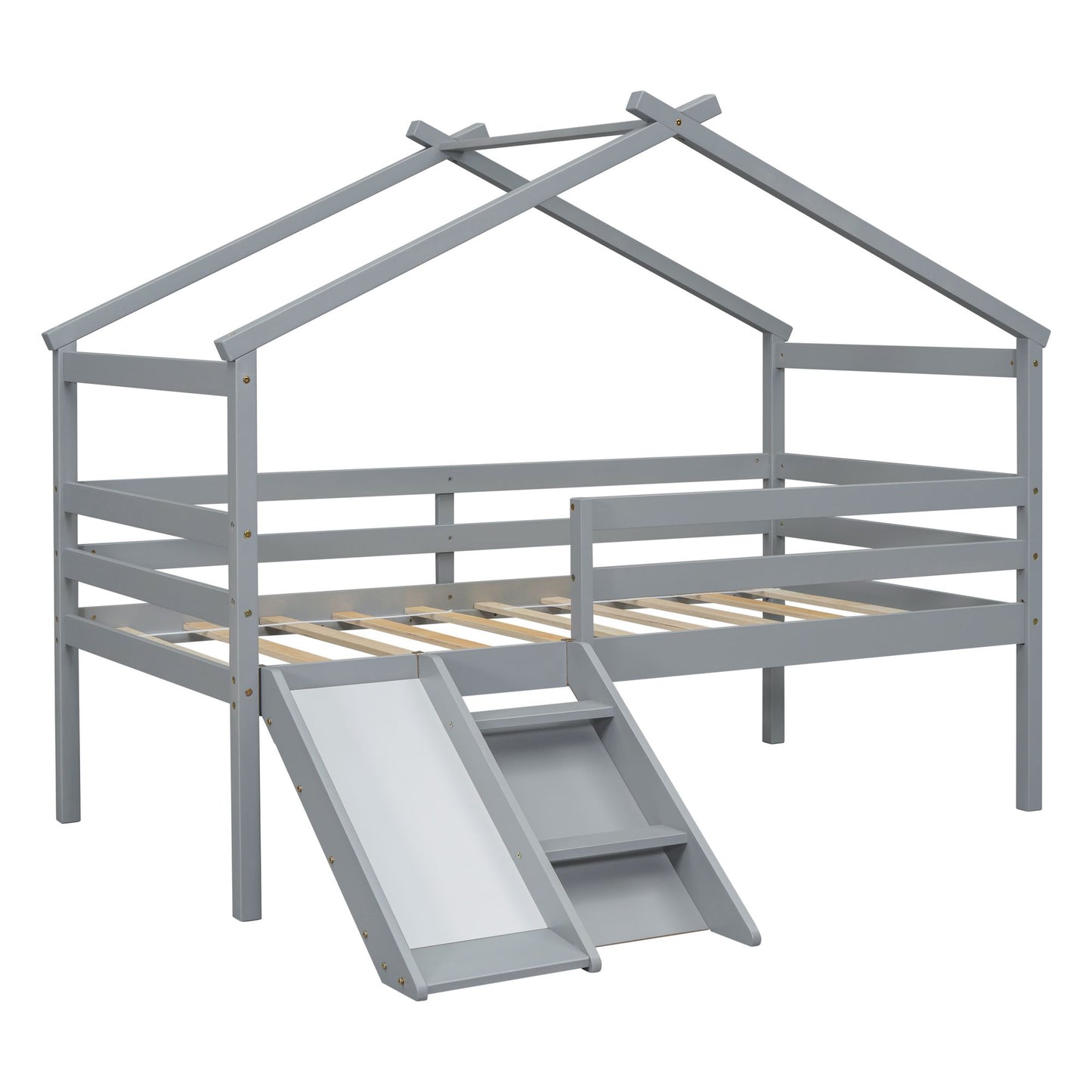 Twin Low Loft House Bed with Slide, Ladder, Safety Guardrails, House Roof Frame,Grey image 3