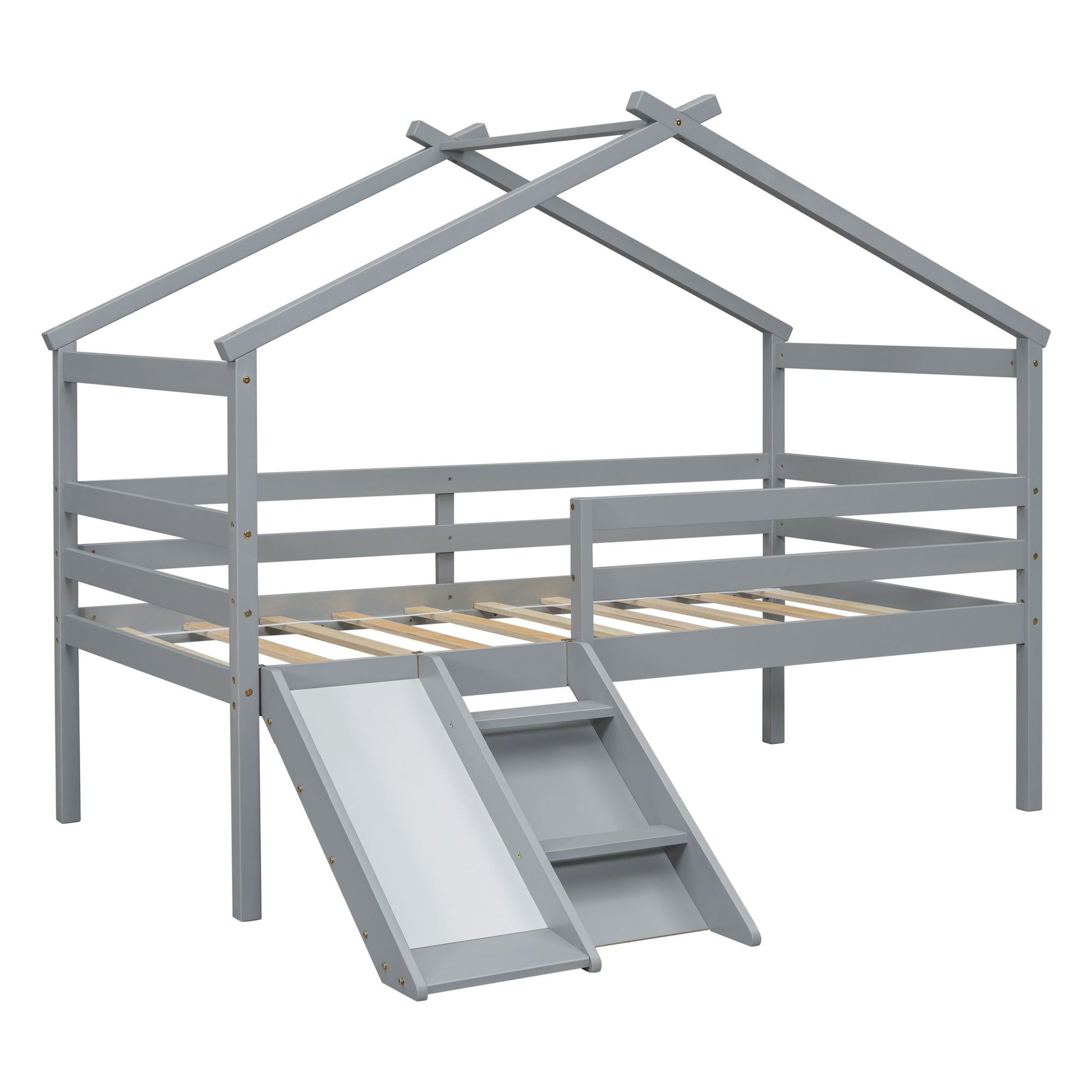 Twin Low Loft House Bed with Slide, Ladder, Safety Guardrails, House Roof Frame,Grey image 3