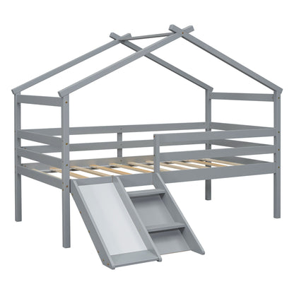 Twin Low Loft House Bed with Slide, Ladder, Safety Guardrails, House Roof Frame,Grey image 3