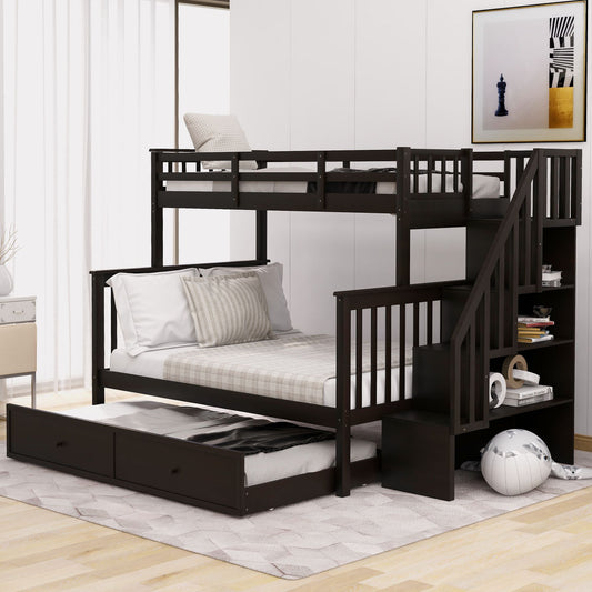 Twin-Over-Full Bunk Bed with Trundle and Storage Staircase - Espresso - Front View