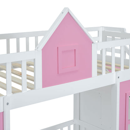 Twin-Over-Twin Bunk Bed with Changeable Table, Bunk Bed Turn into Upper Bed and Down Desk -Pink image 16