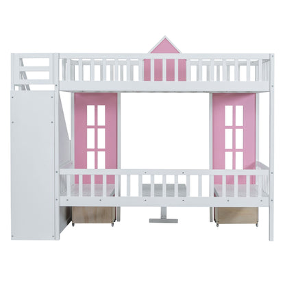 Twin-Over-Twin Bunk Bed with Changeable Table, Bunk Bed Turn into Upper Bed and Down Desk -Pink image 14