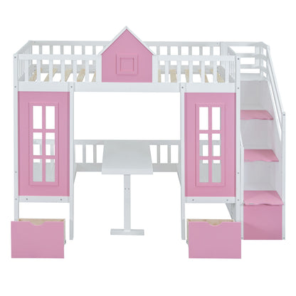 Twin-Over-Twin Bunk Bed with Changeable Table, Bunk Bed Turn into Upper Bed and Down Desk -Pink image 10