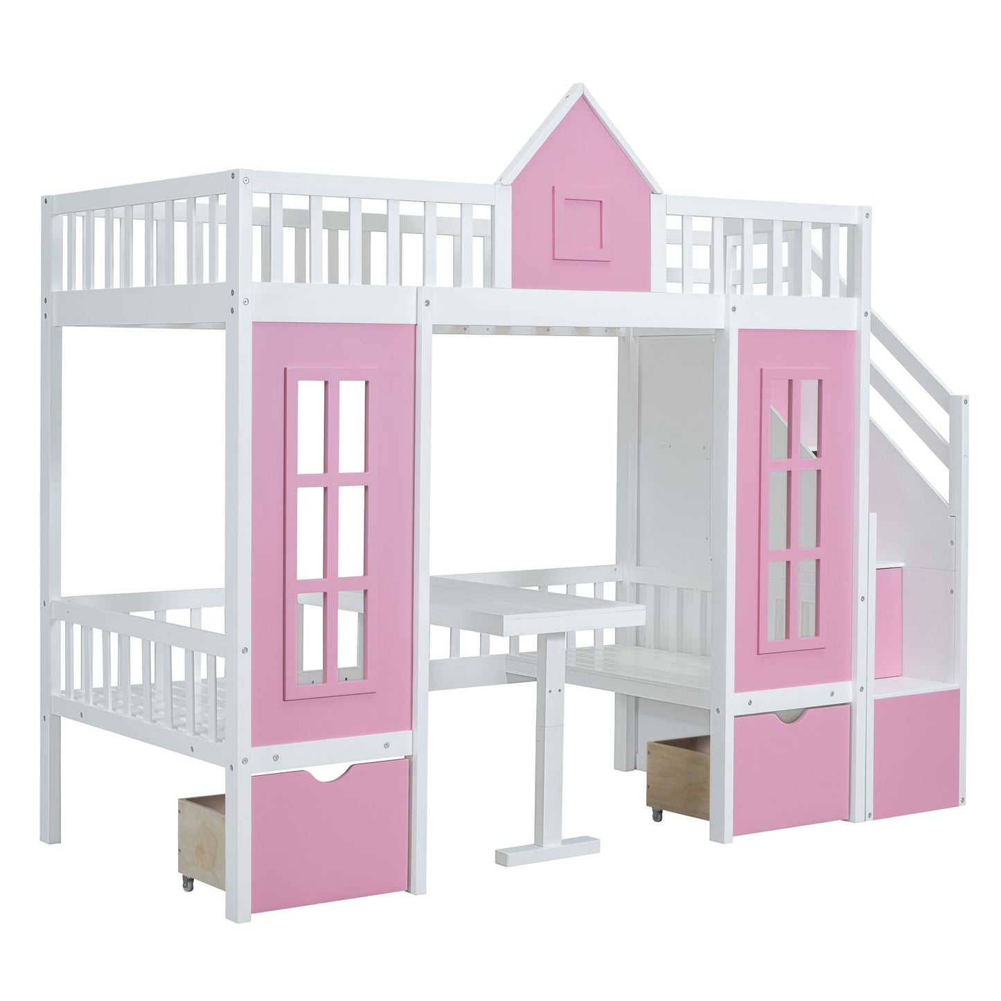 Twin-Over-Twin Bunk Bed with Changeable Table, Bunk Bed Turn into Upper Bed and Down Desk -Pink image 8