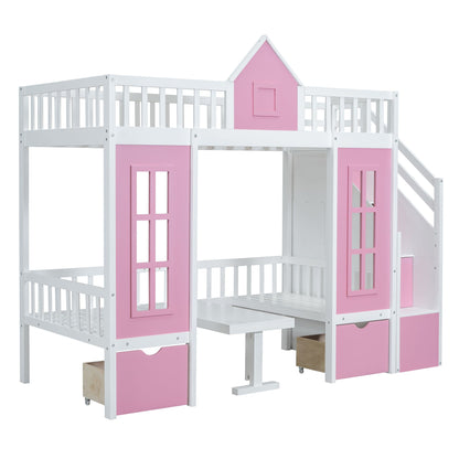 Twin-Over-Twin Bunk Bed with Changeable Table, Bunk Bed Turn into Upper Bed and Down Desk -Pink image 6