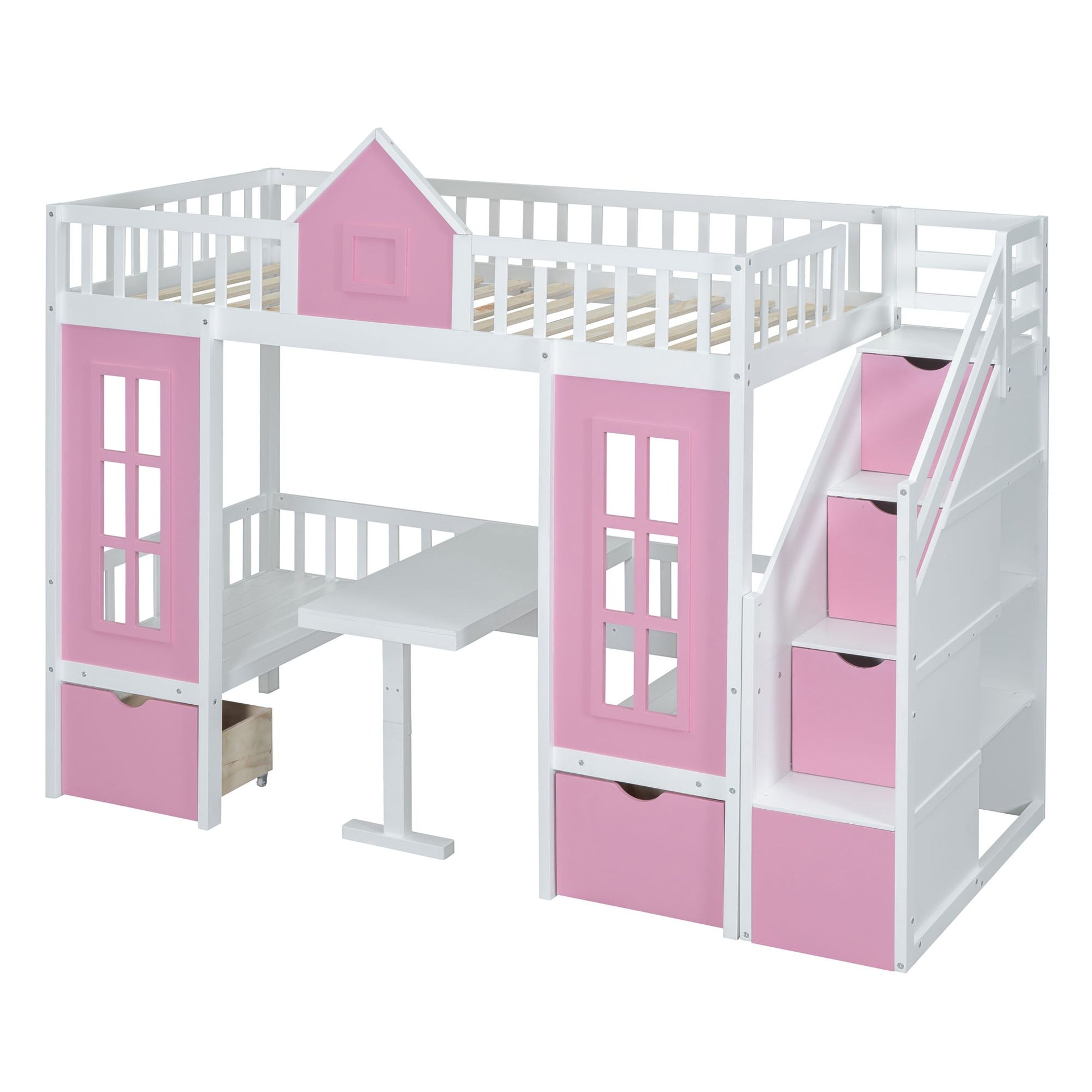 Twin-Over-Twin Bunk Bed with Changeable Table, Bunk Bed Turn into Upper Bed and Down Desk -Pink image 7