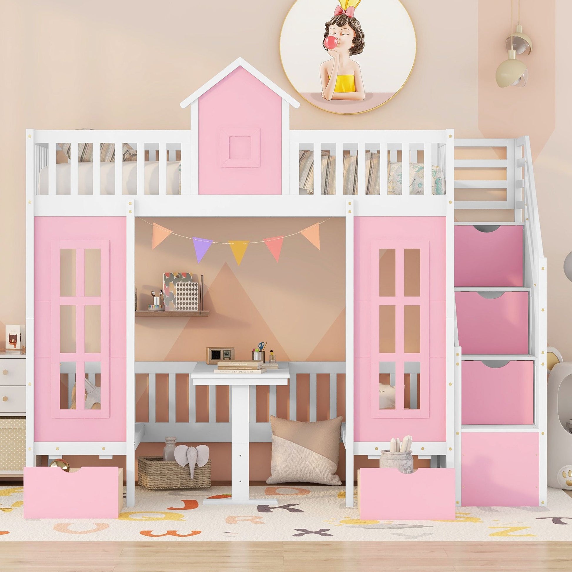 Twin-Over-Twin Bunk Bed with Changeable Table, Bunk Bed Turn into Upper Bed and Down Desk -Pink image 1