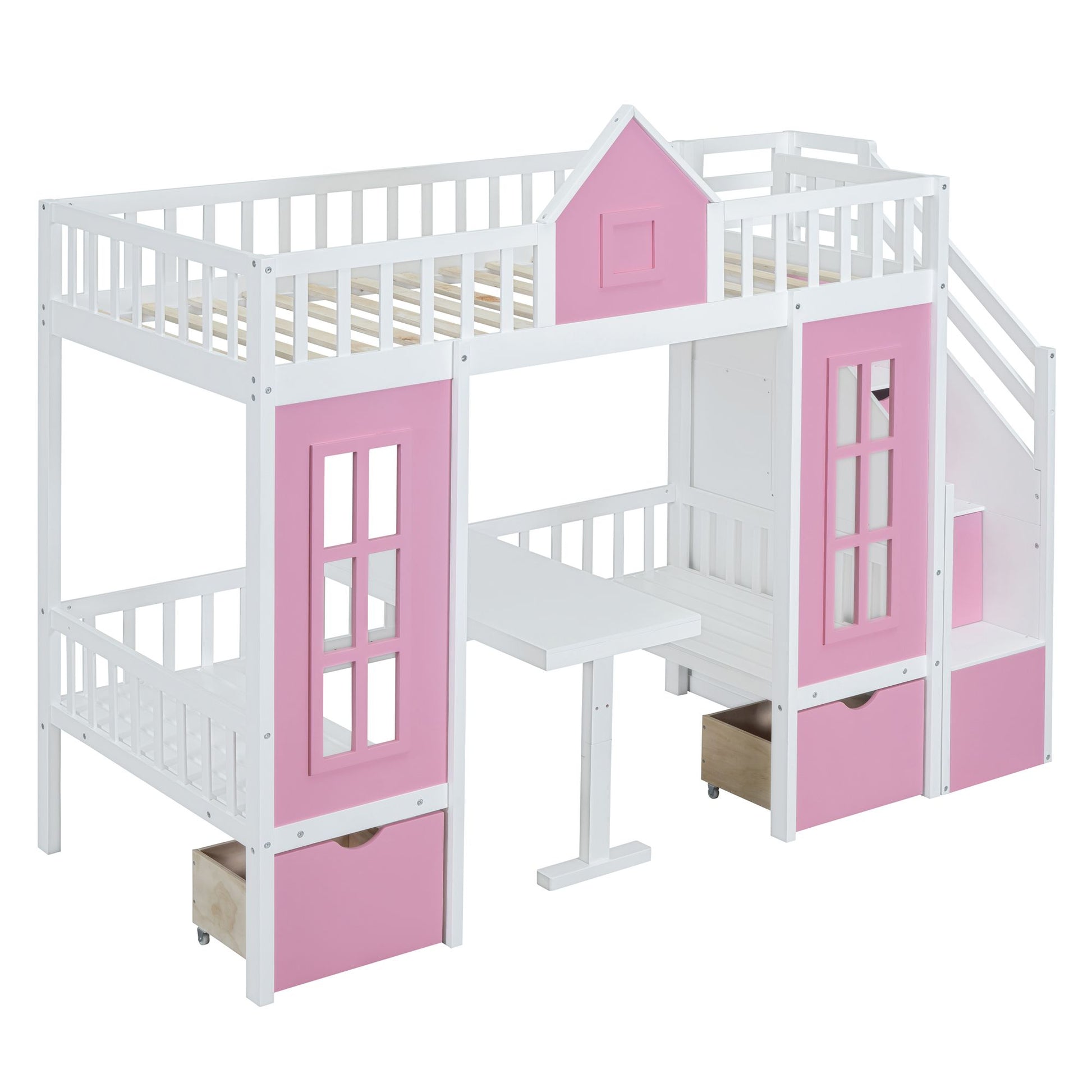 Twin-Over-Twin Bunk Bed with Changeable Table, Bunk Bed Turn into Upper Bed and Down Desk -Pink image 9