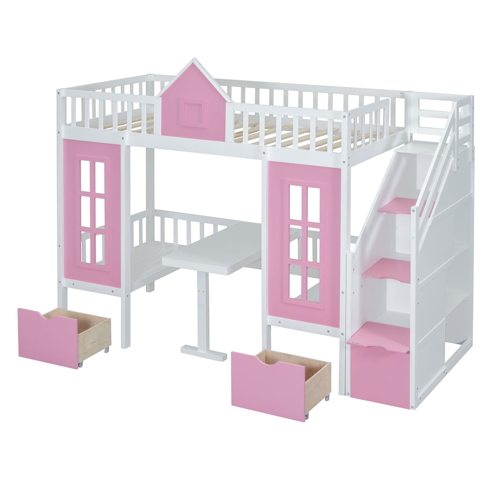 Twin-Over-Twin Bunk Bed with Changeable Table, Bunk Bed Turn into Upper Bed and Down Desk -Pink image 3