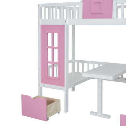 Twin-Over-Twin Bunk Bed with Changeable Table, Bunk Bed Turn into Upper Bed and Down Desk -Pink image 17
