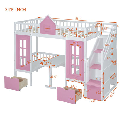 Twin-Over-Twin Bunk Bed with Changeable Table, Bunk Bed Turn into Upper Bed and Down Desk -Pink image 13
