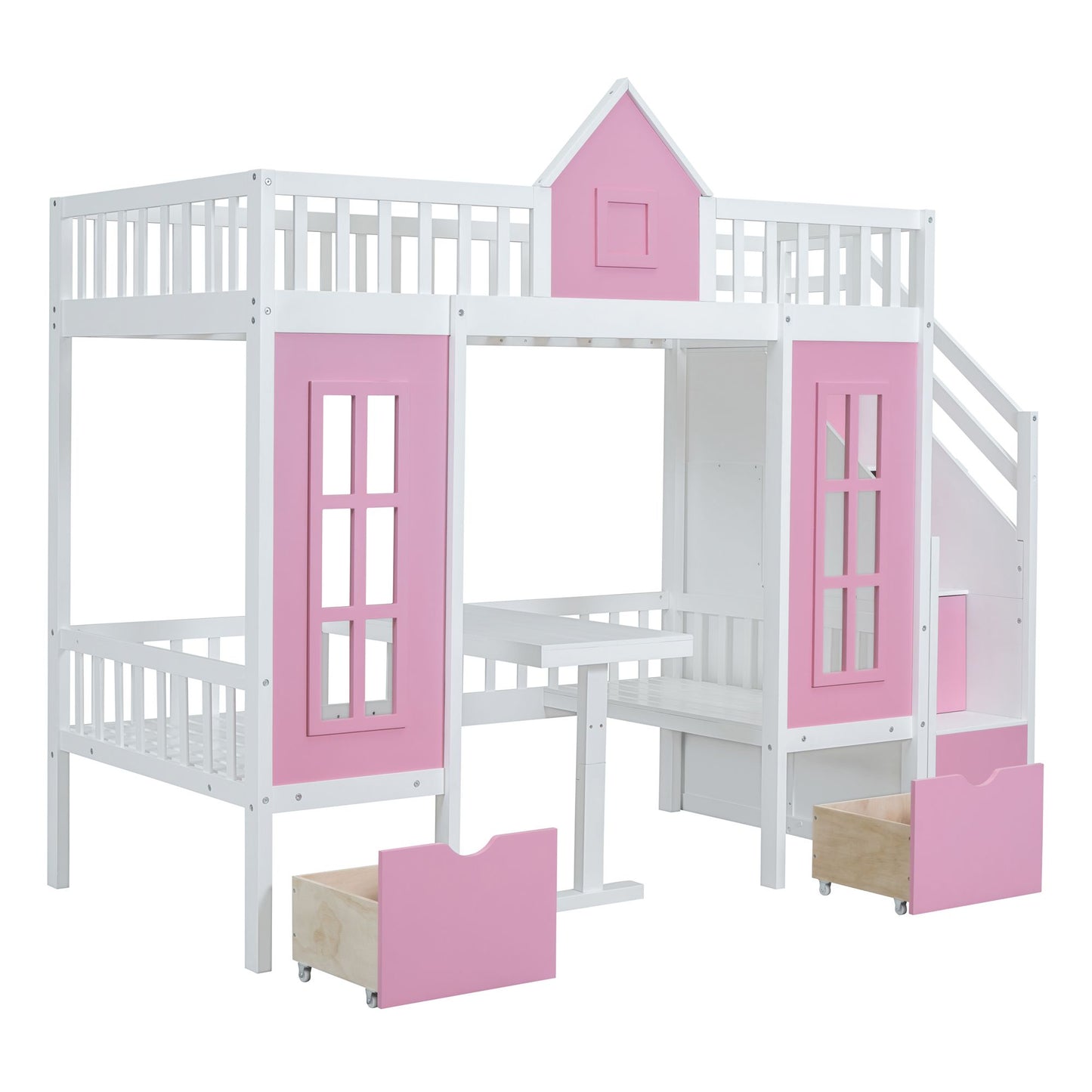Twin-Over-Twin Bunk Bed with Changeable Table, Bunk Bed Turn into Upper Bed and Down Desk -Pink image 11