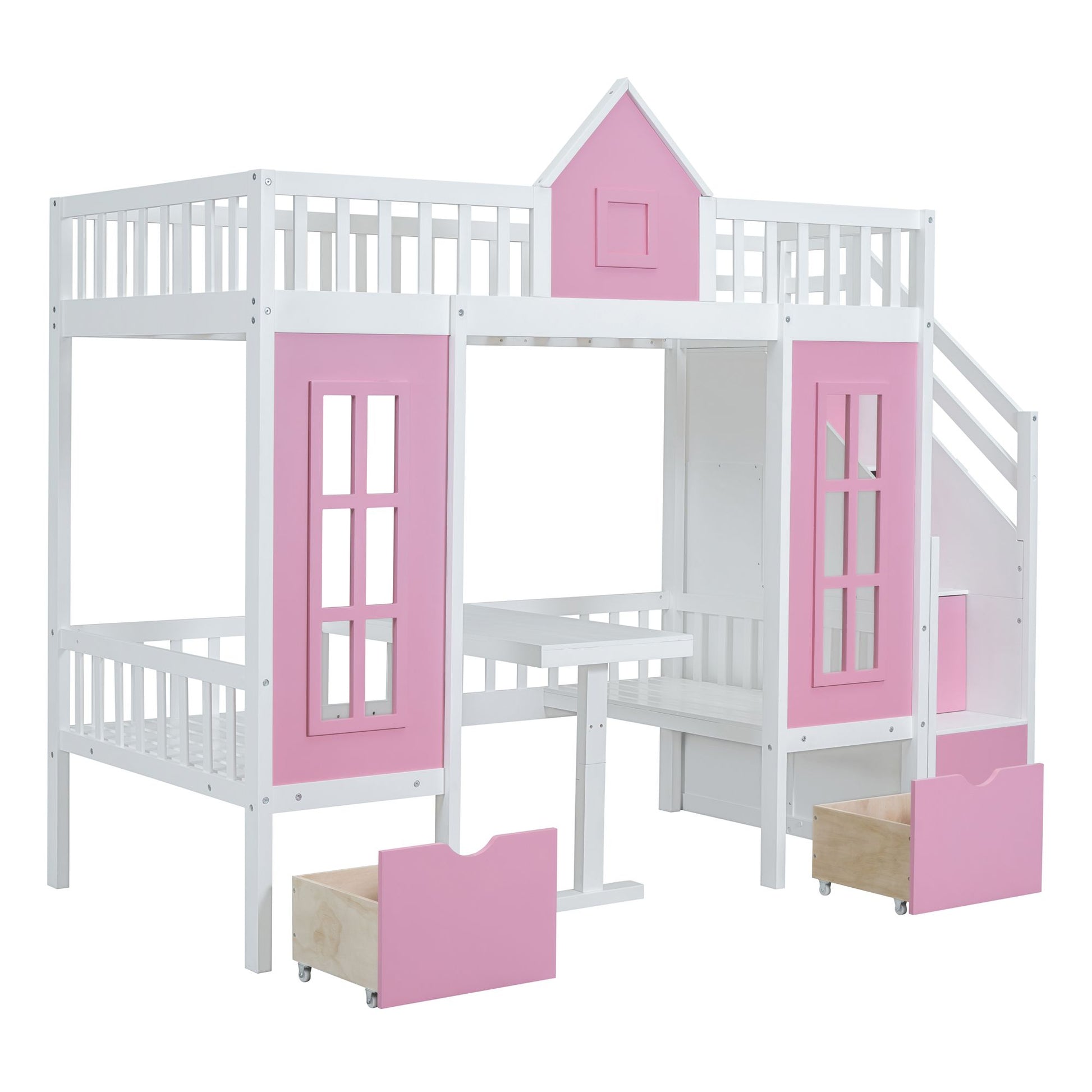 Twin-Over-Twin Bunk Bed with Changeable Table, Bunk Bed Turn into Upper Bed and Down Desk -Pink image 11