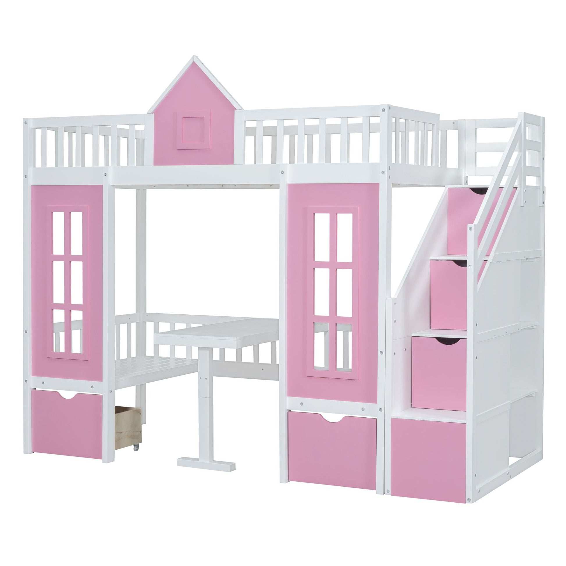 Twin-Over-Twin Bunk Bed with Changeable Table, Bunk Bed Turn into Upper Bed and Down Desk -Pink image 4
