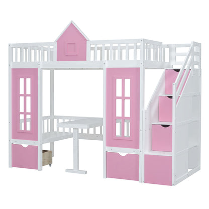 Twin-Over-Twin Bunk Bed with Changeable Table, Bunk Bed Turn into Upper Bed and Down Desk -Pink image 4