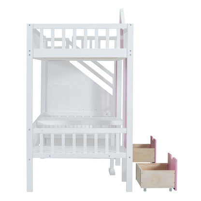 Twin-Over-Twin Bunk Bed with Changeable Table, Bunk Bed Turn into Upper Bed and Down Desk -Pink image 15