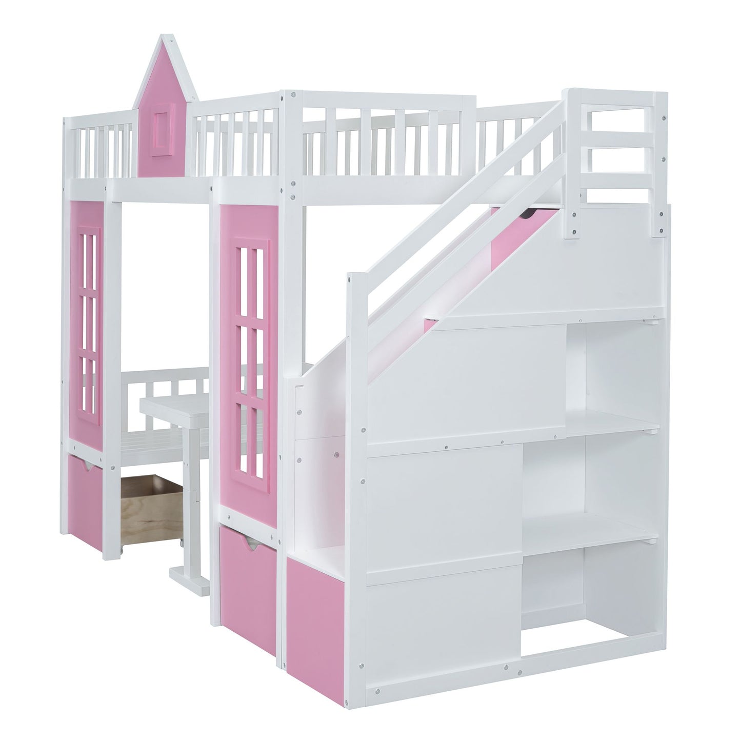Twin-Over-Twin Bunk Bed with Changeable Table, Bunk Bed Turn into Upper Bed and Down Desk -Pink image 5