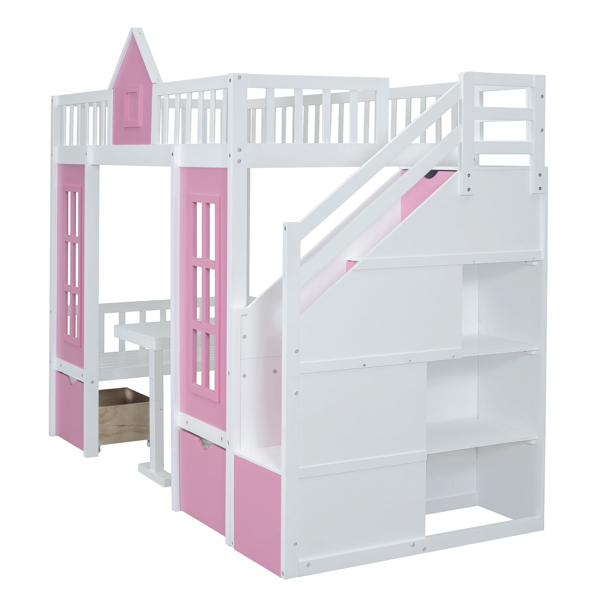 Twin-Over-Twin Bunk Bed with Changeable Table, Bunk Bed Turn into Upper Bed and Down Desk -Pink image 5