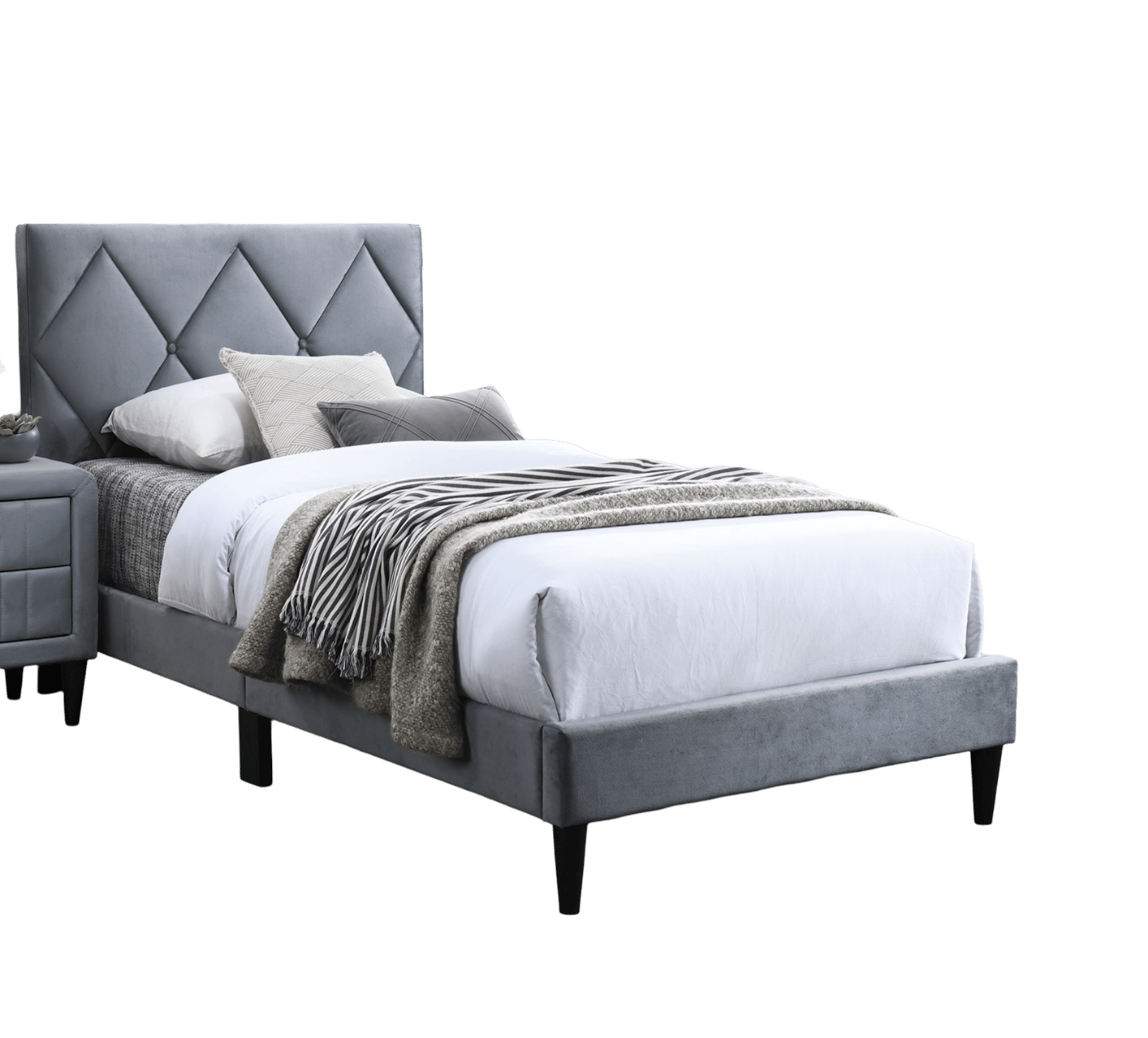 Twin Size Bed w Adjustable Headboard 1pc Bedframe, Grey Velvet Upholstered Youth Bedroom Furniture image 3