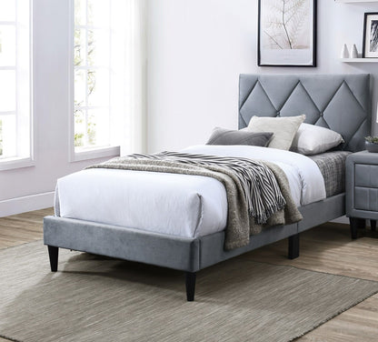 Twin Size Bed w Adjustable Headboard 1pc Bedframe, Grey Velvet Upholstered Youth Bedroom Furniture image 2