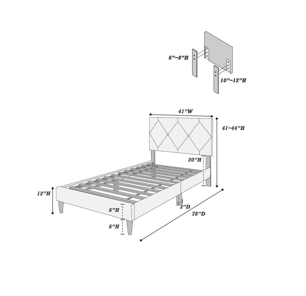 Twin Size Bed w Adjustable Headboard 1pc Bedframe, Grey Velvet Upholstered Youth Bedroom Furniture image 6