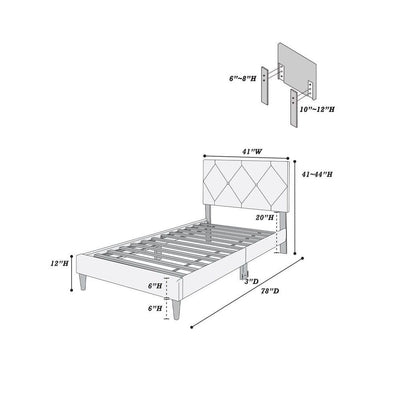 Twin Size Bed w Adjustable Headboard 1pc Bedframe, Grey Velvet Upholstered Youth Bedroom Furniture image 6