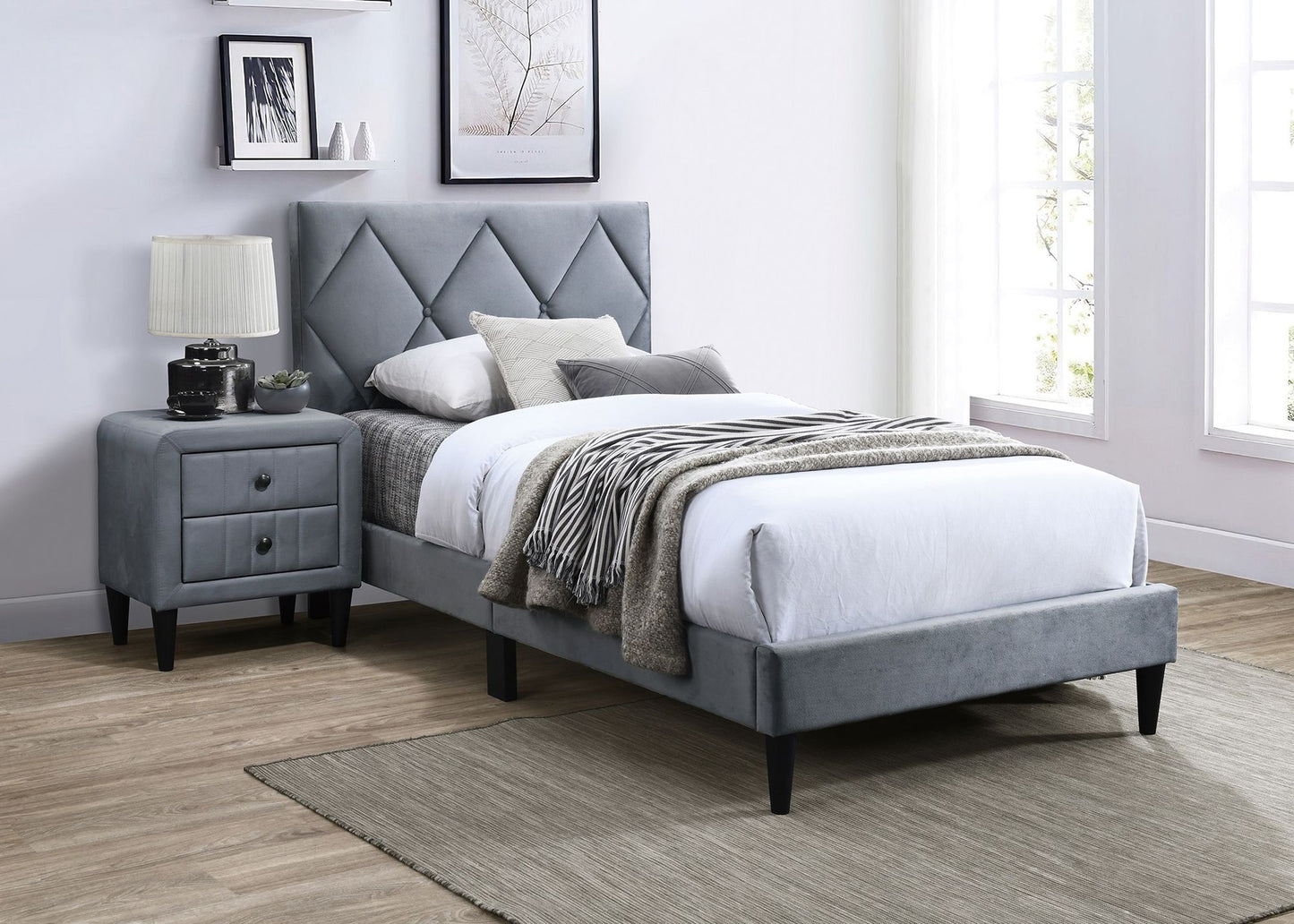 Twin Size Bed w Adjustable Headboard 1pc Bedframe, Grey Velvet Upholstered Youth Bedroom Furniture image 8