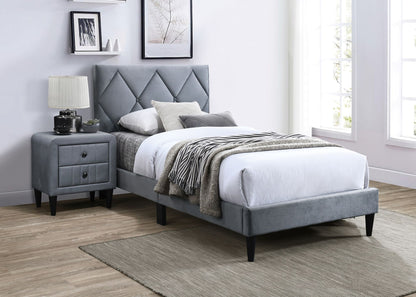 Twin Size Bed w Adjustable Headboard 1pc Bedframe, Grey Velvet Upholstered Youth Bedroom Furniture image 8