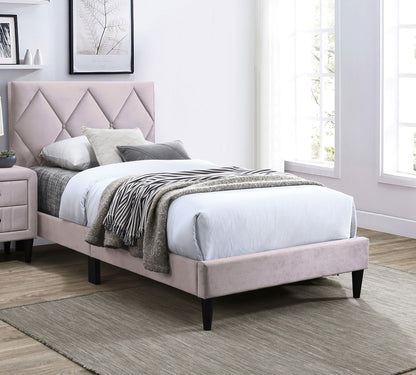 Twin Size Bed w Adjustable Headboard 1pc Bedframe, Light Pink Velvet Upholstered Youth Bedroom Furniture image 3