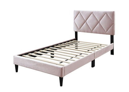 Twin Size Bed w Adjustable Headboard 1pc Bedframe, Light Pink Velvet Upholstered Youth Bedroom Furniture image 2