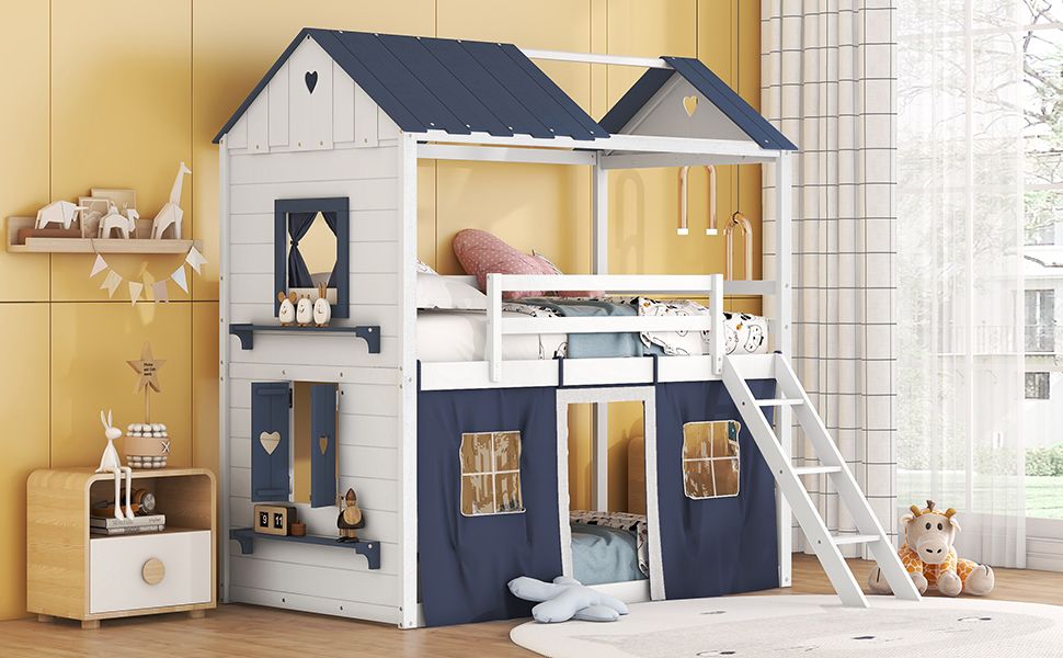 Twin Size Bunk Wood House Bed with Elegant Windows, Sills and Tent, Blue+White image 18