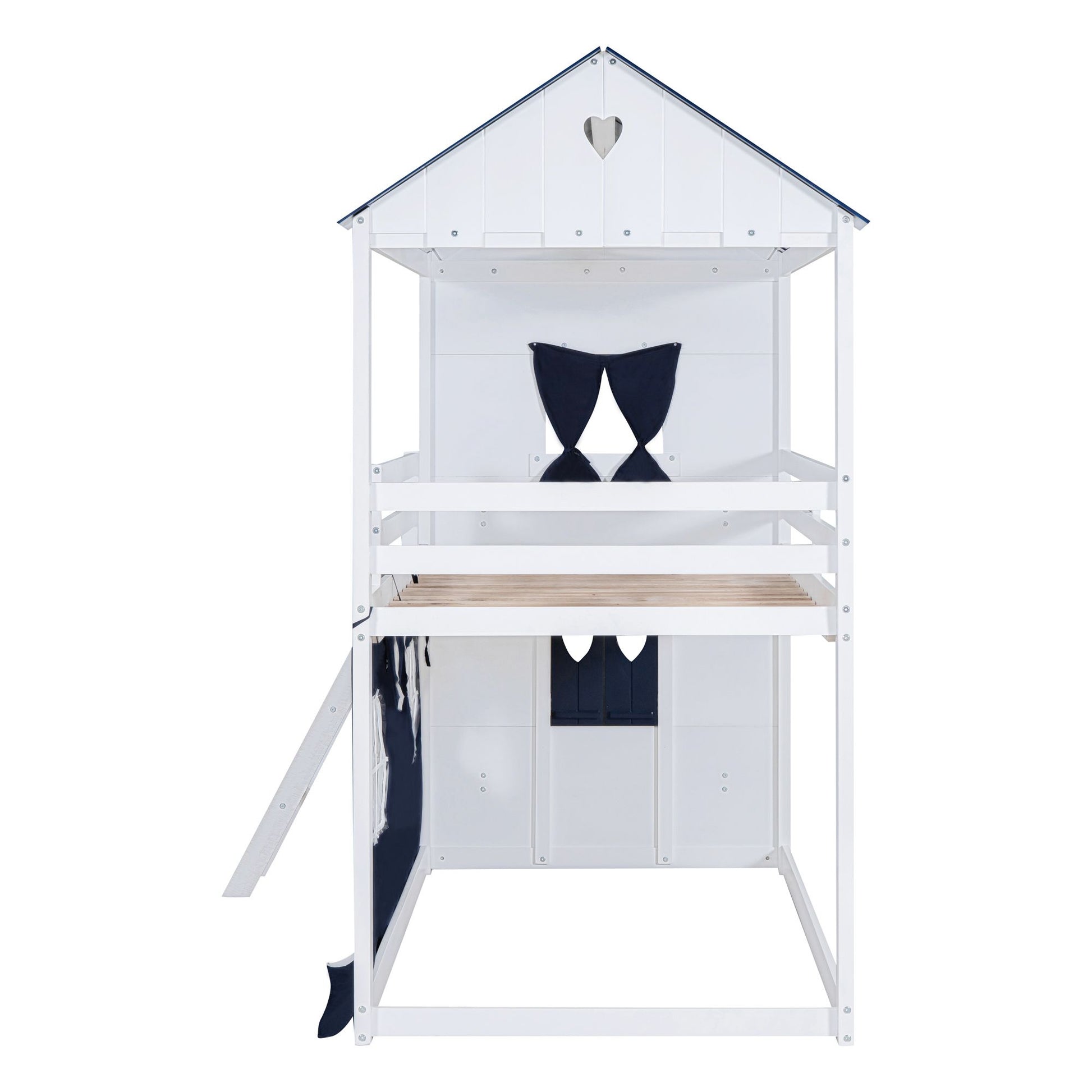 Twin Size Bunk Wood House Bed with Elegant Windows, Sills and Tent, Blue+White image 16