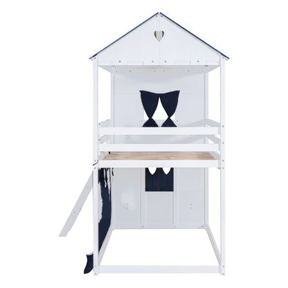 Twin Size Bunk Wood House Bed with Elegant Windows, Sills and Tent, Blue+White image 16