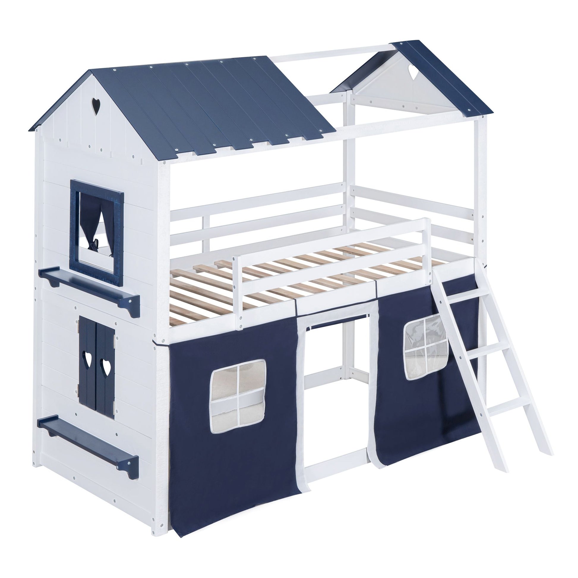 Twin Size Bunk Wood House Bed with Elegant Windows, Sills and Tent, Blue+White image 7