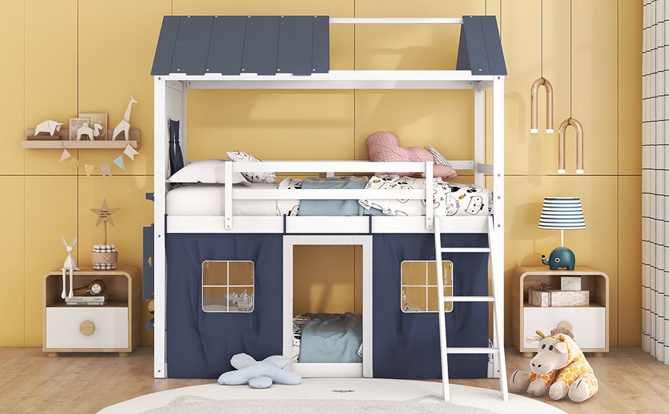 Twin Size Bunk Wood House Bed with Elegant Windows, Sills and Tent, Blue+White image 19