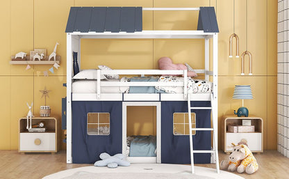 Twin Size Bunk Wood House Bed with Elegant Windows, Sills and Tent, Blue+White image 19