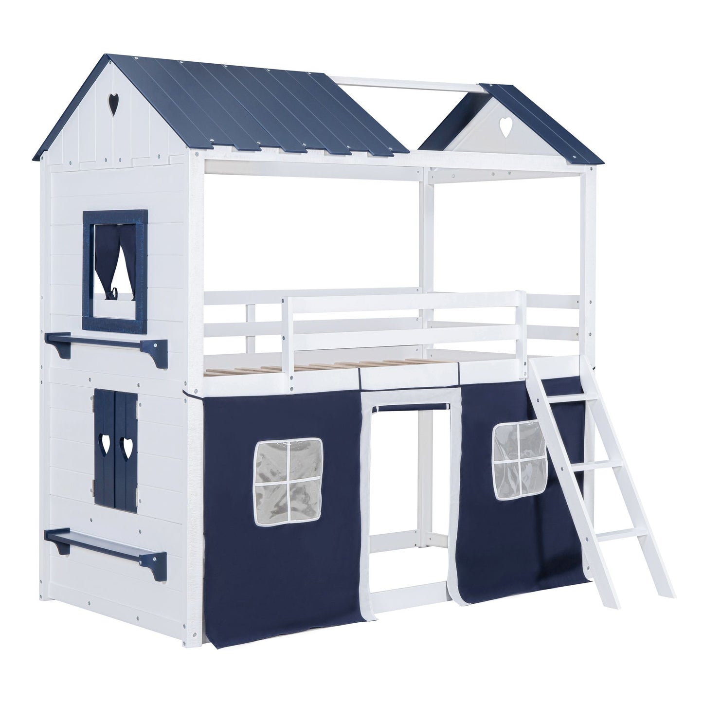 Twin Size Bunk Wood House Bed with Elegant Windows, Sills and Tent, Blue+White image 4