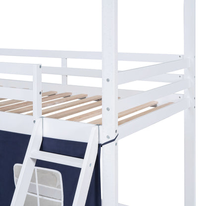 Twin Size Bunk Wood House Bed with Elegant Windows, Sills and Tent, Blue+White image 14