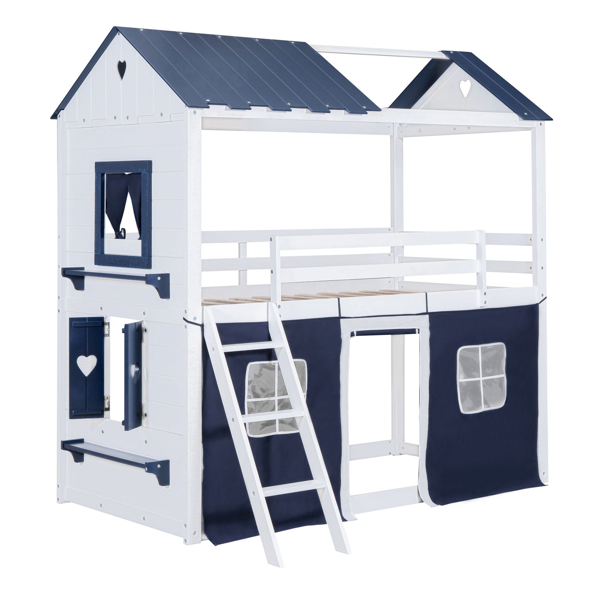 Twin Size Bunk Wood House Bed with Elegant Windows, Sills and Tent, Blue+White image 8