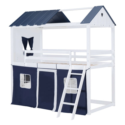 Twin Size Bunk Wood House Bed with Elegant Windows, Sills and Tent, Blue+White image 5