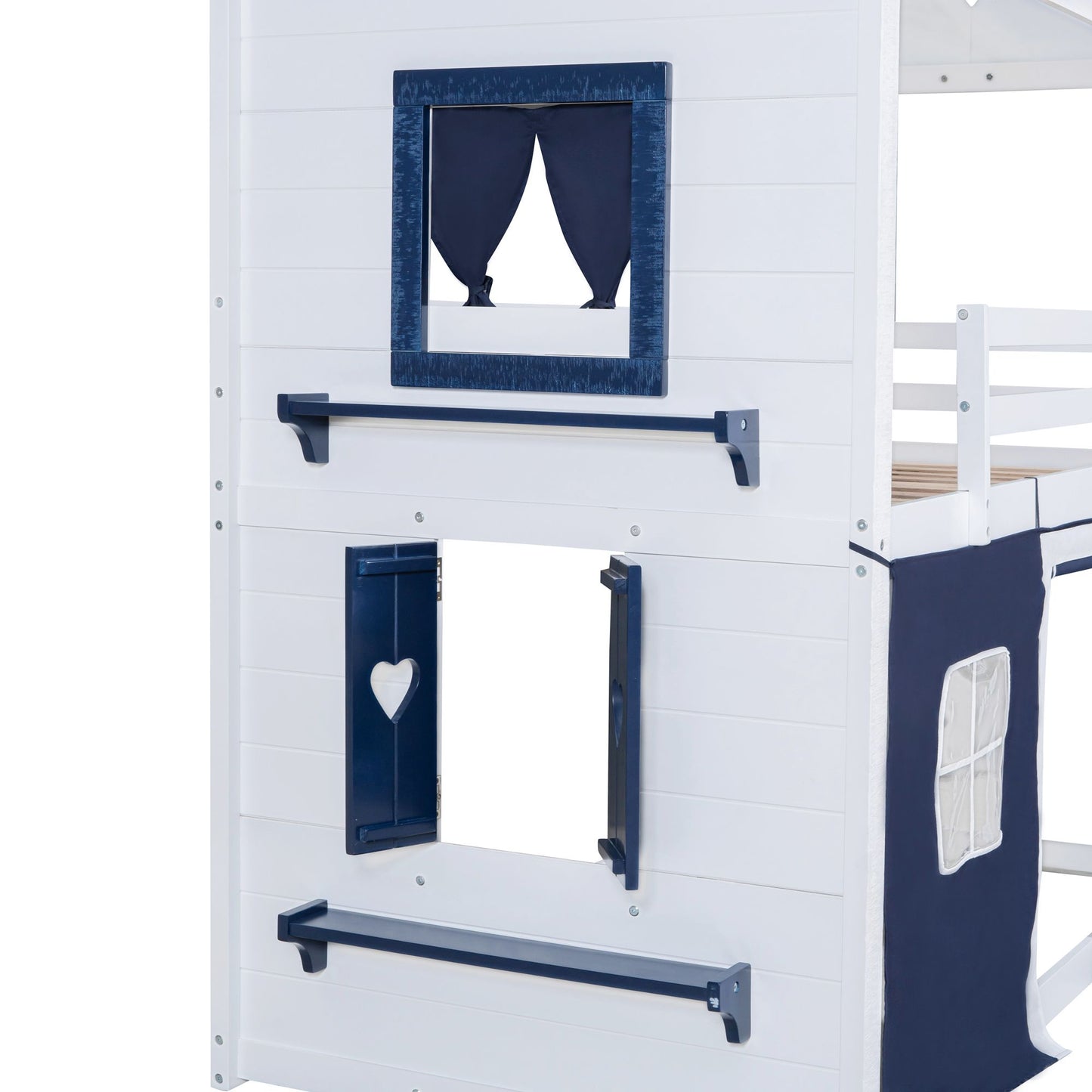 Twin Size Bunk Wood House Bed with Elegant Windows, Sills and Tent, Blue+White image 10