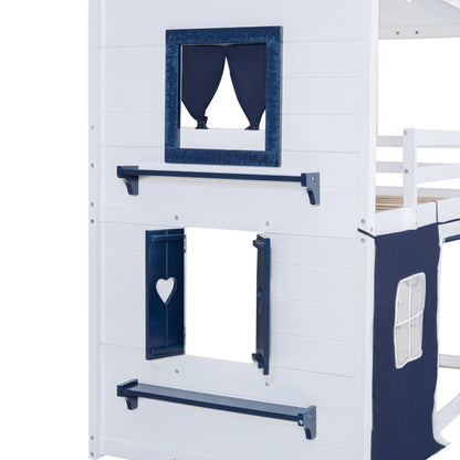 Twin Size Bunk Wood House Bed with Elegant Windows, Sills and Tent, Blue+White image 10