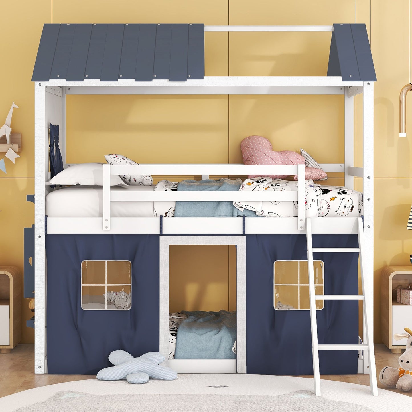 Twin Size Bunk Wood House Bed with Elegant Windows, Sills and Tent, Blue+White image 2