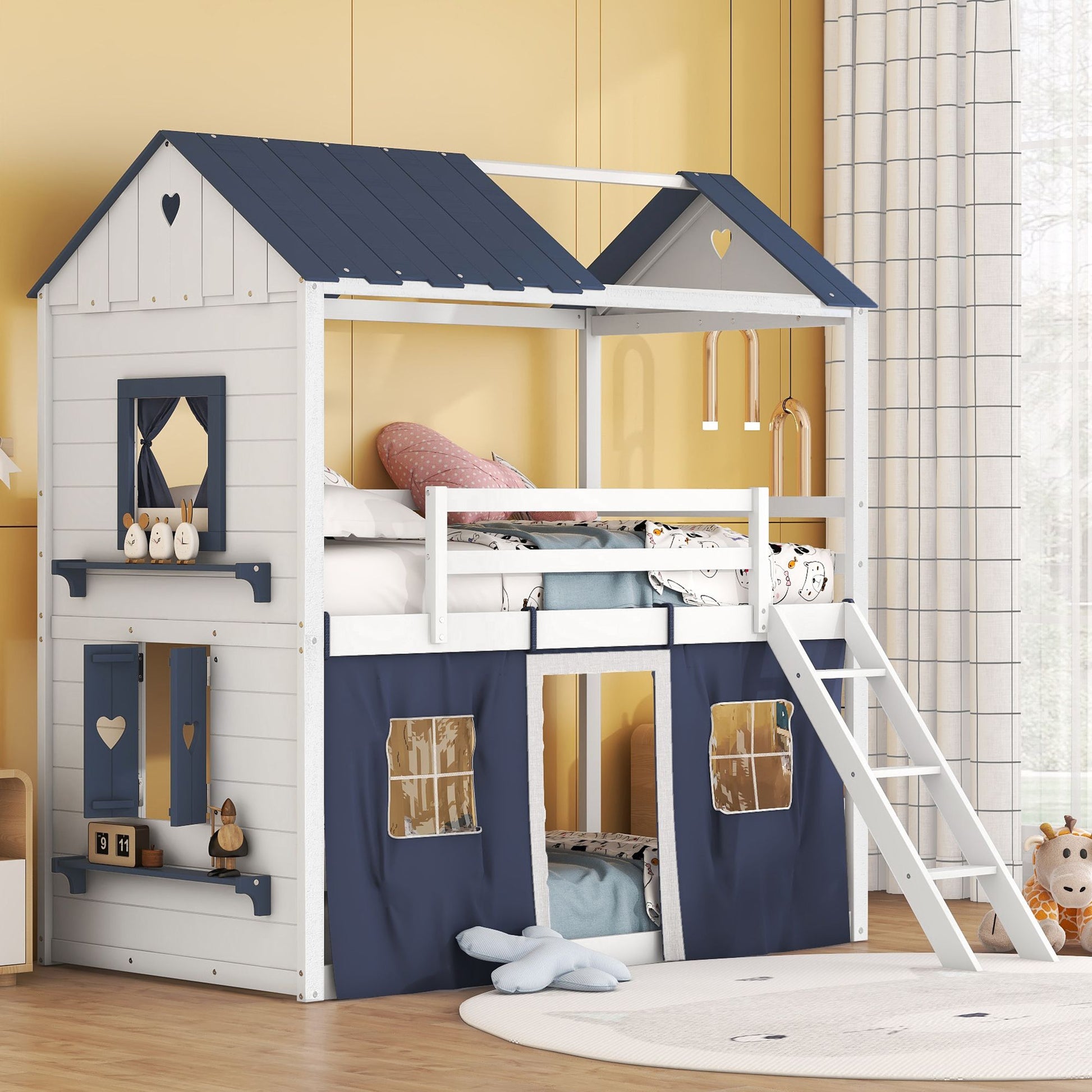 Twin Size Bunk Wood House Bed with Elegant Windows, Sills and Tent, Blue+White image 1