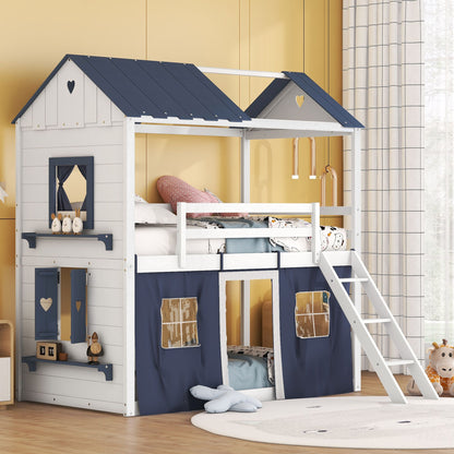 Twin Size Bunk Wood House Bed with Elegant Windows, Sills and Tent, Blue+White image 1