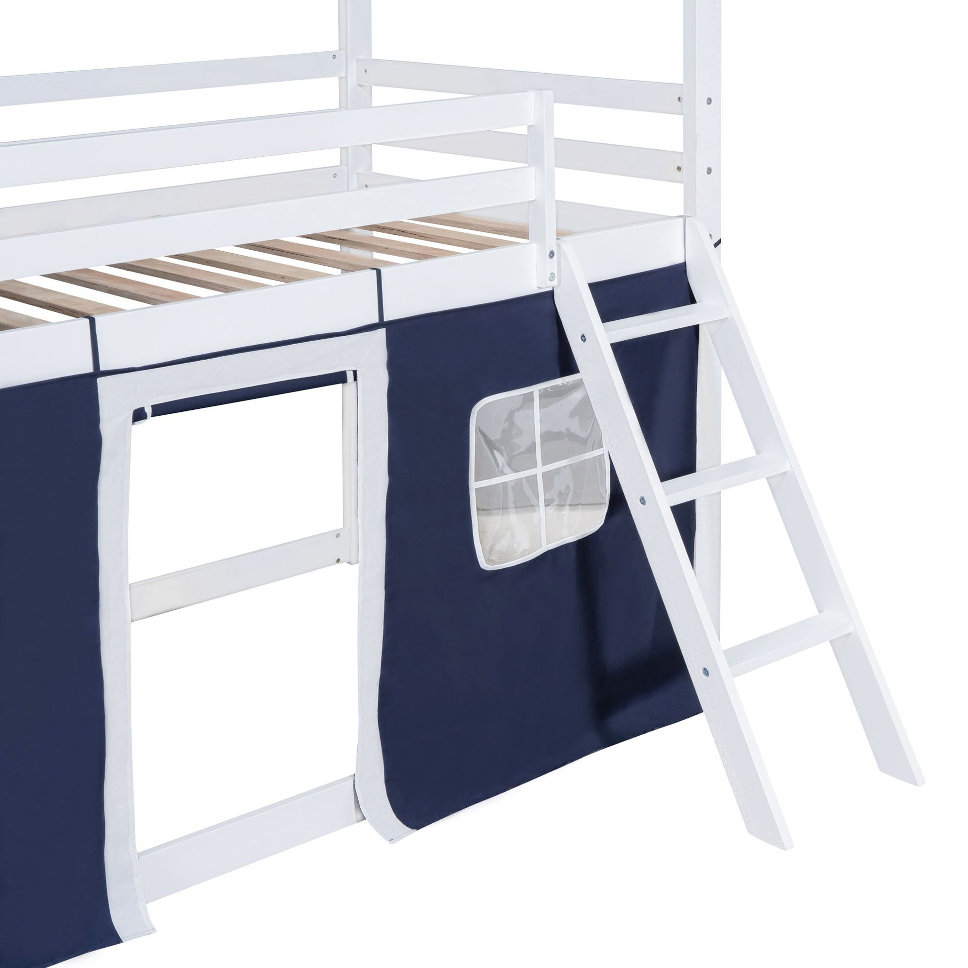 Twin Size Bunk Wood House Bed with Elegant Windows, Sills and Tent, Blue+White image 11