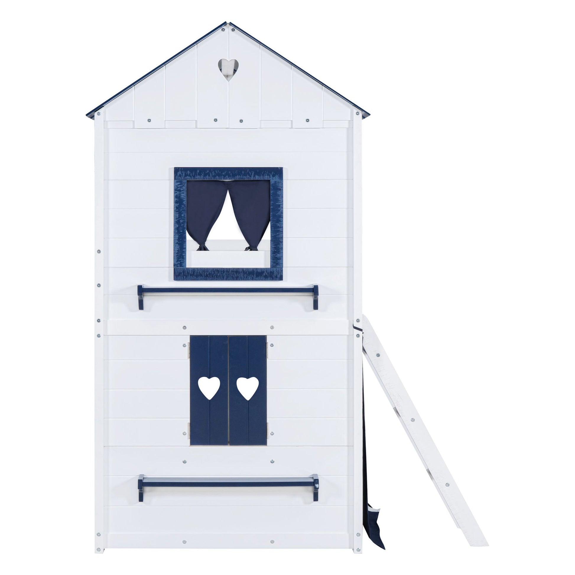 Twin Size Bunk Wood House Bed with Elegant Windows, Sills and Tent, Blue+White image 17