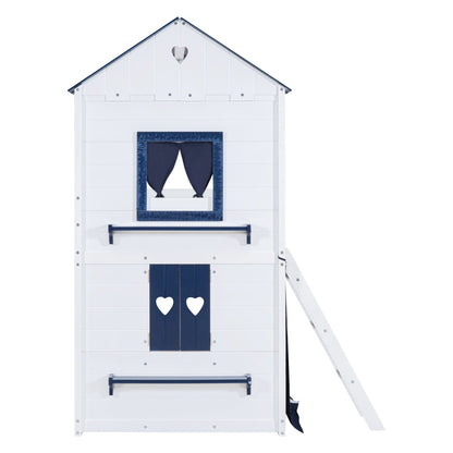 Twin Size Bunk Wood House Bed with Elegant Windows, Sills and Tent, Blue+White image 17