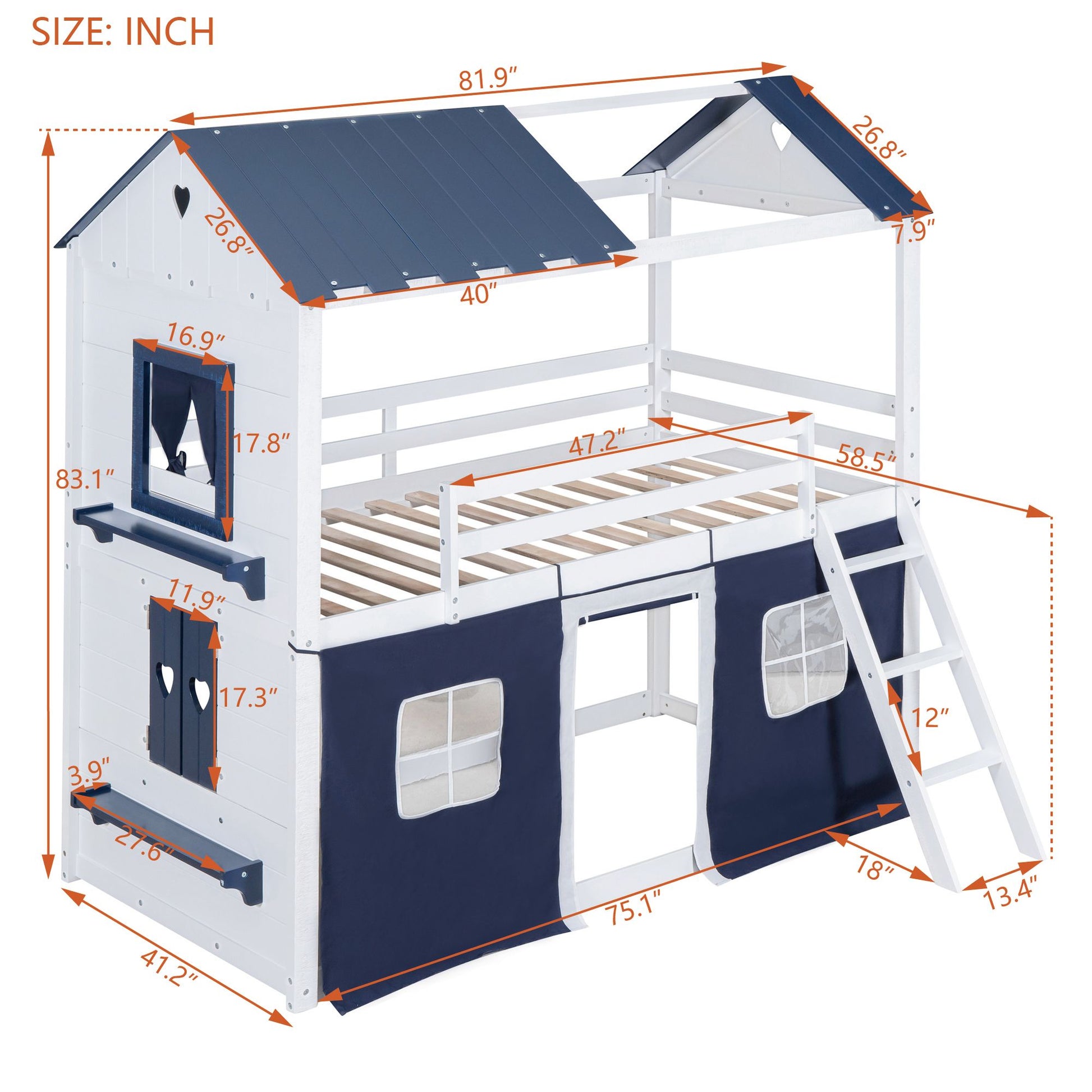 Twin Size Bunk Wood House Bed with Elegant Windows, Sills and Tent, Blue+White image 9