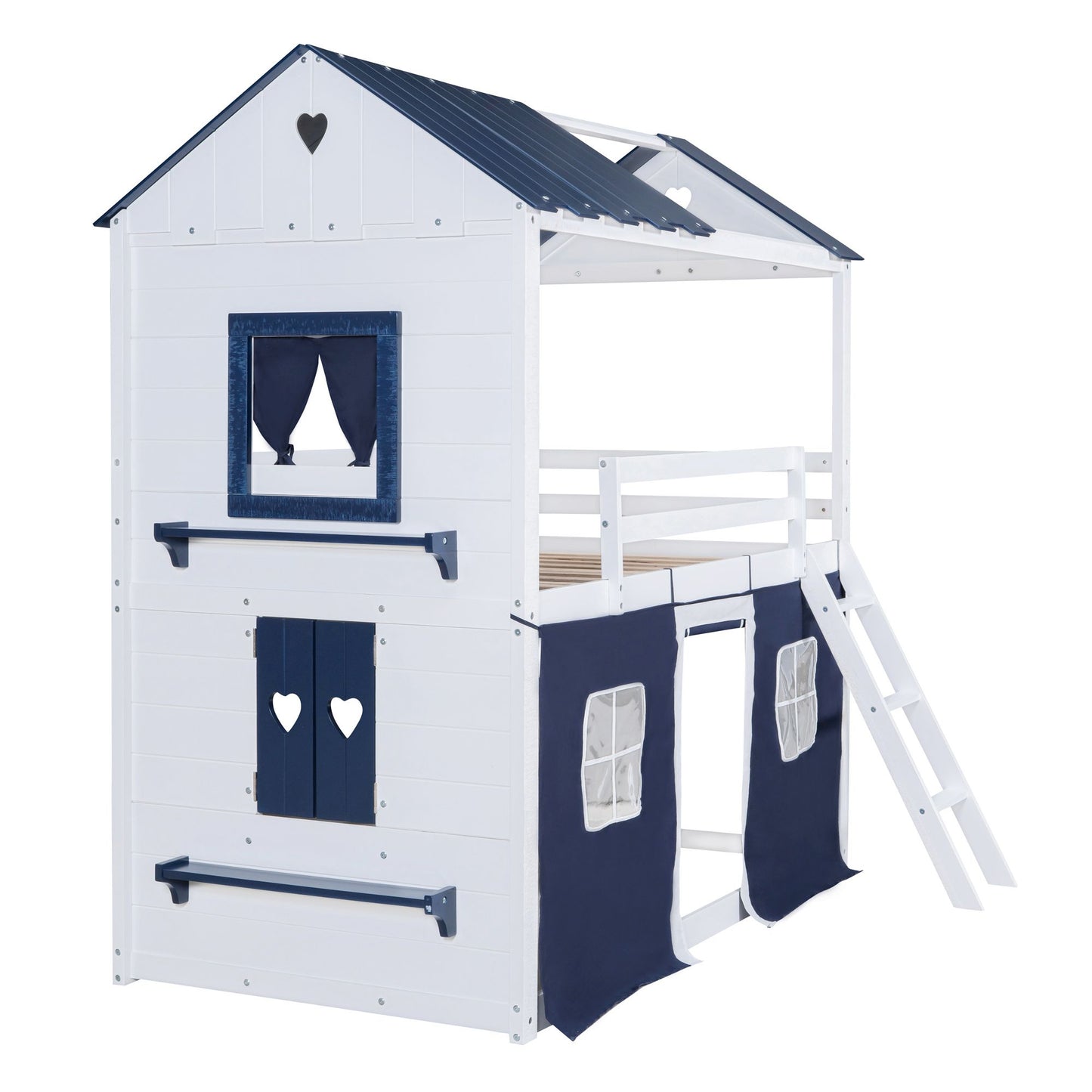 Twin Size Bunk Wood House Bed with Elegant Windows, Sills and Tent, Blue+White image 12